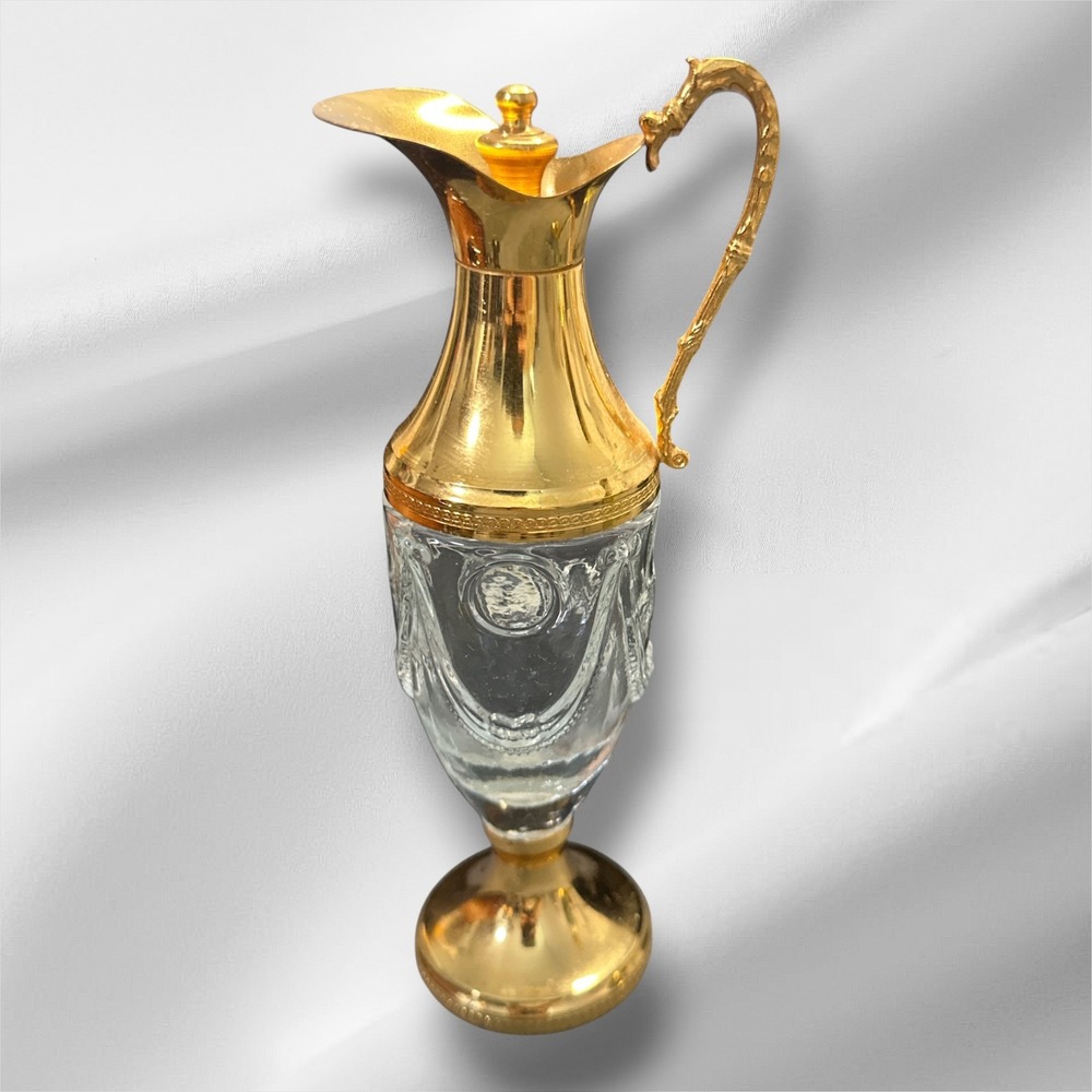 Vintage Italian Gold Tone Glass Decanter Pitcher Dragon Handle 7.25" Made Italy